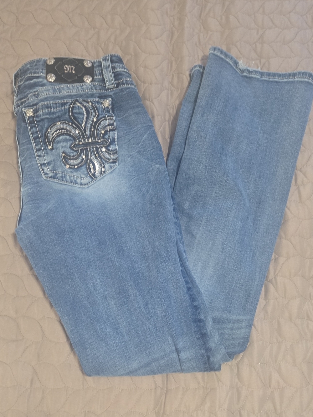 Miss Me Low Rise  Boot Cut Jeans with Embellished Fleur-de-Lis Pocket
